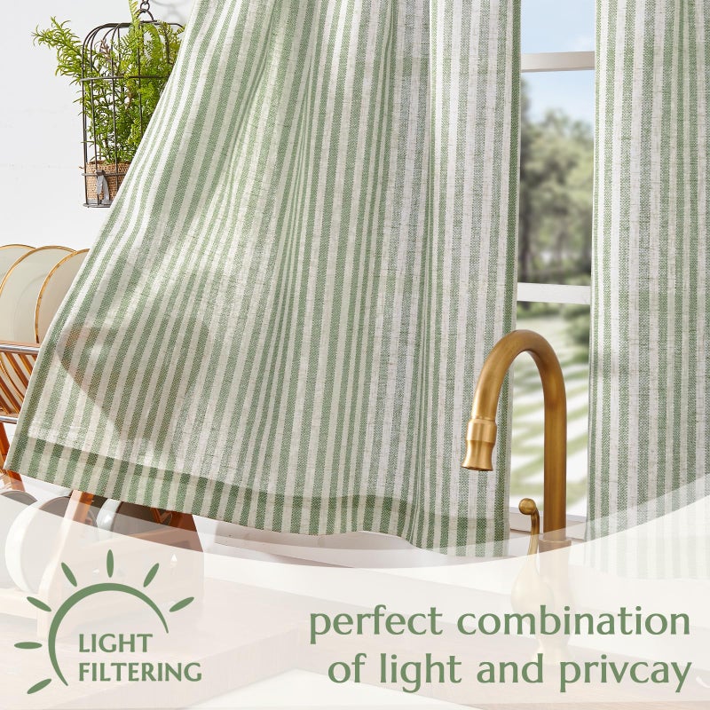 jinchan Striped Linen Kitchen Curtains 24 Inches Length Tier Curtains Farmhouse Modern Cafe Style Small Window Treatments Airy Light Filtering Rod Pocket for Living Room Bathroom 2 Panels Sage Green - Image 5